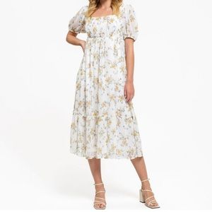💐 New Midi Dress Floral Print Balloon Sleeve Smocked Back Lined Cream Multi